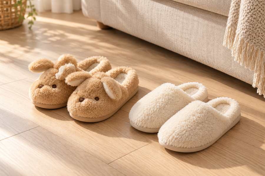 Plush house slippers in a warm, sunlit home